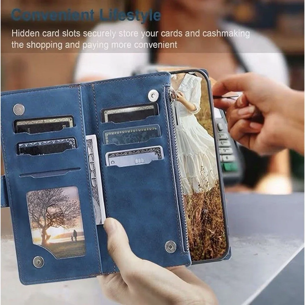 Wallet Phone Case for Google Pixel 7A Blue Flip Cover Stand Card Holder Wristlet